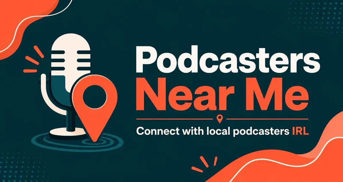 Podcasters Near Me brand mark on a warm teal and coral banner