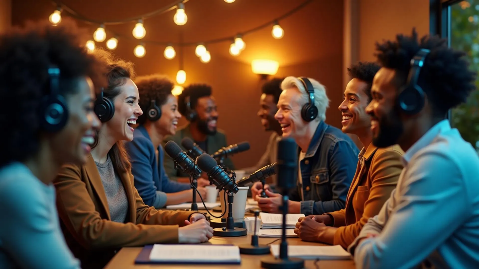 Two podcasters sharing a conversation at a recording table